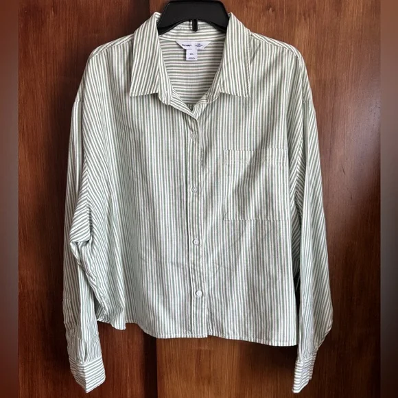 NWT Old Navy Cropped Button-Down White and Green Striped Shirt | Women’s XXL - Picture 1 of 16